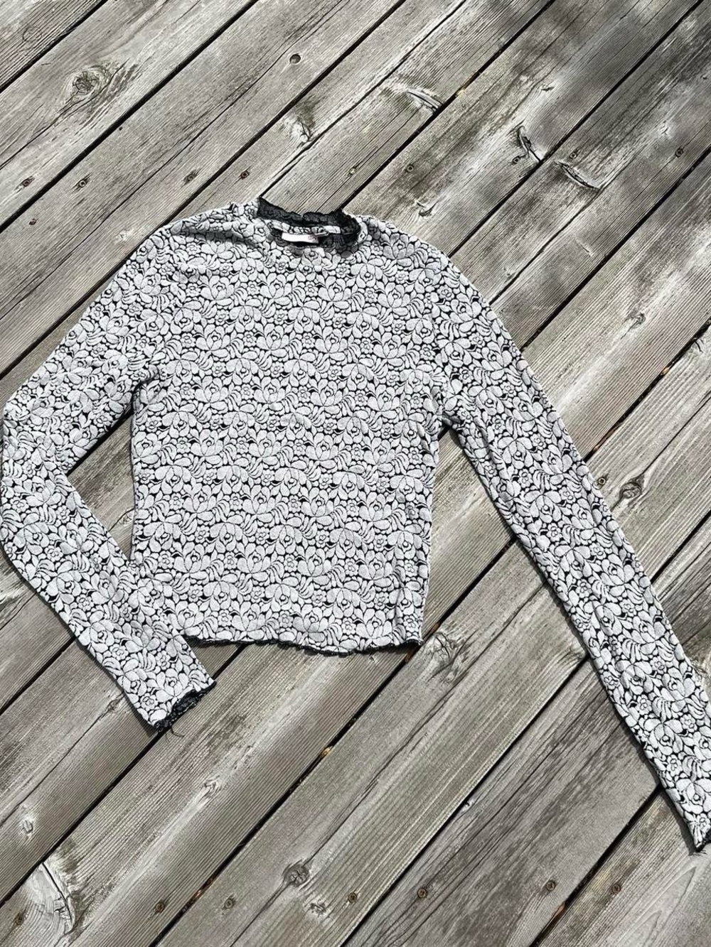 SO light grey + black floral semi-sheer crop top